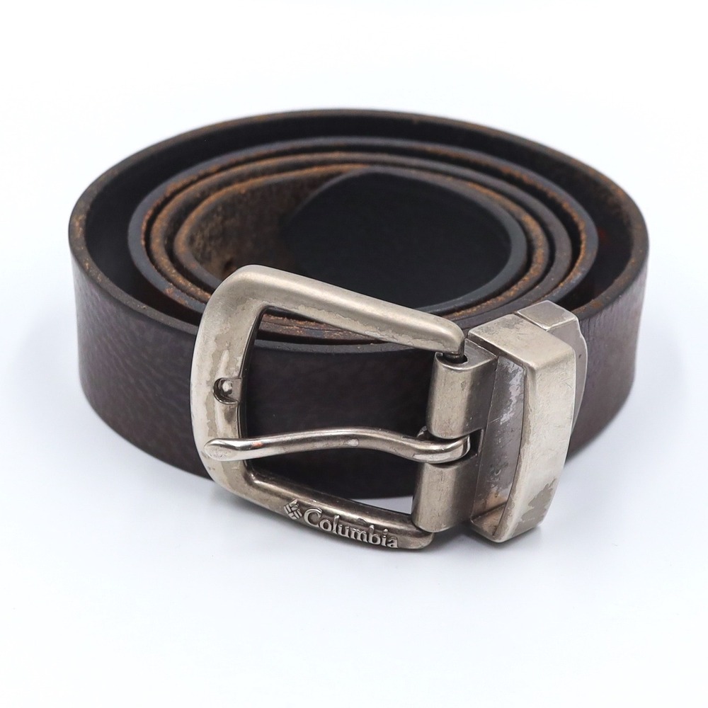 Columbia Leather Belt Men 42 Brown Rugged Silver Buckle Gorpcore Workwear Casual